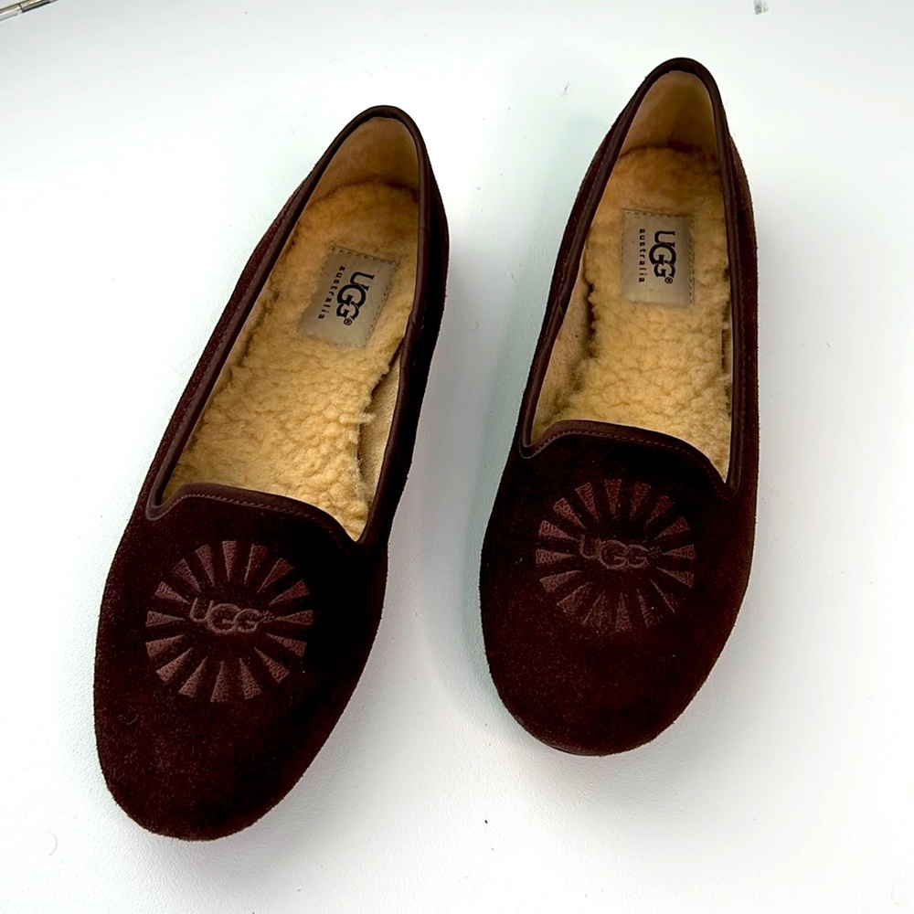UGG Flats Alloway Chocolate Brown Suede Shearling Lined Loafers size 7